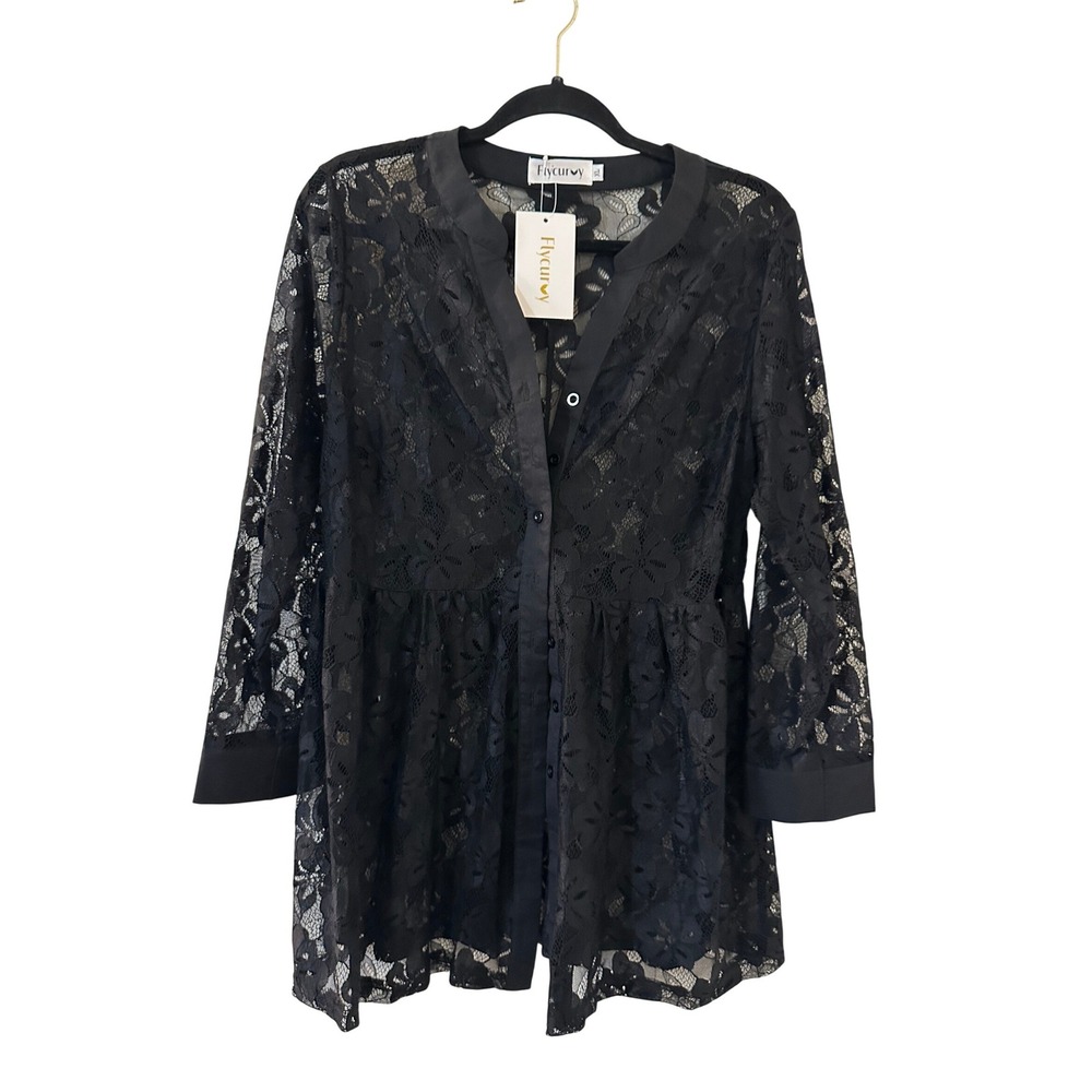 Flycurvy Black Floral Lace Button Front Babydoll Tunic Top XL Womens Long Sleeve